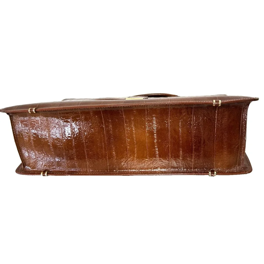 Vintage 80s Genuine Eel Skin Briefcase Brown Attache Bag Amiet Lock Korea VGUC